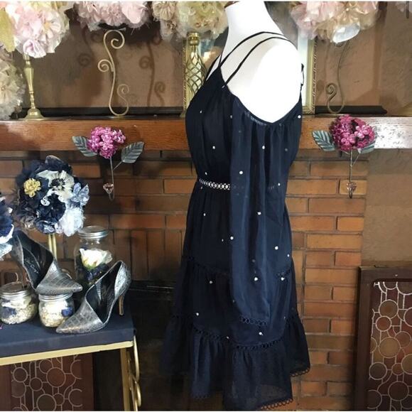 Aqua Navy Blue Embroidered Cold Shoulder Mini Dress | Sz S - Picture 10 of 14